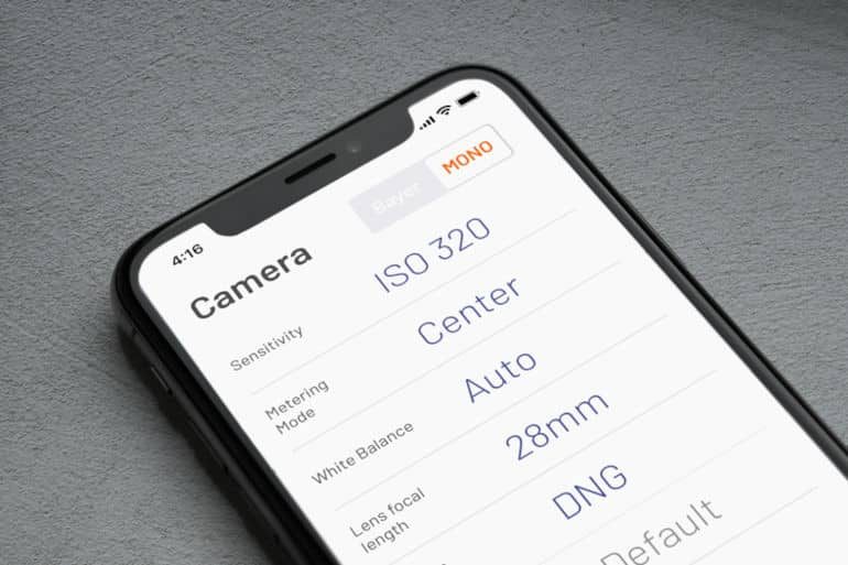 Mode monochrome dans l'application pour smartphone du Pixii